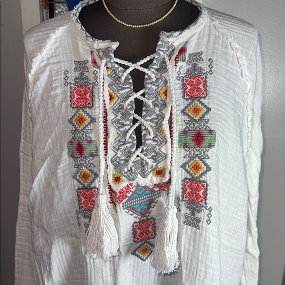 Johnny Was Joanne White Gauzy Cotton Blouse with multi-colored embroidery SZ XL - Picture 3 of 9